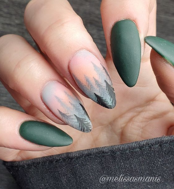 Winter Nails With Winter Sunset Pine Tree Nail