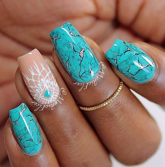 Punchy Western Nails   Turquoise Stone Marble Nail Design