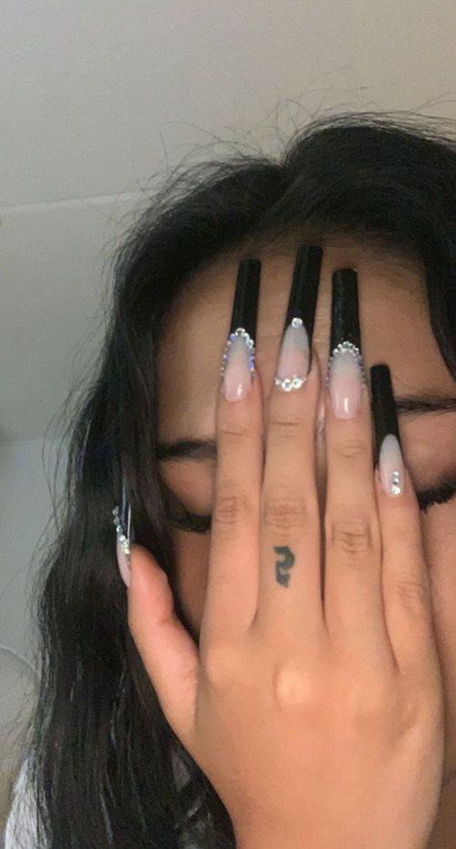 Black Nail Sets - Black nails french nails diamonds long nails