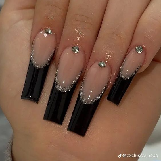 Nails With Gems - Black french tips nail inspo