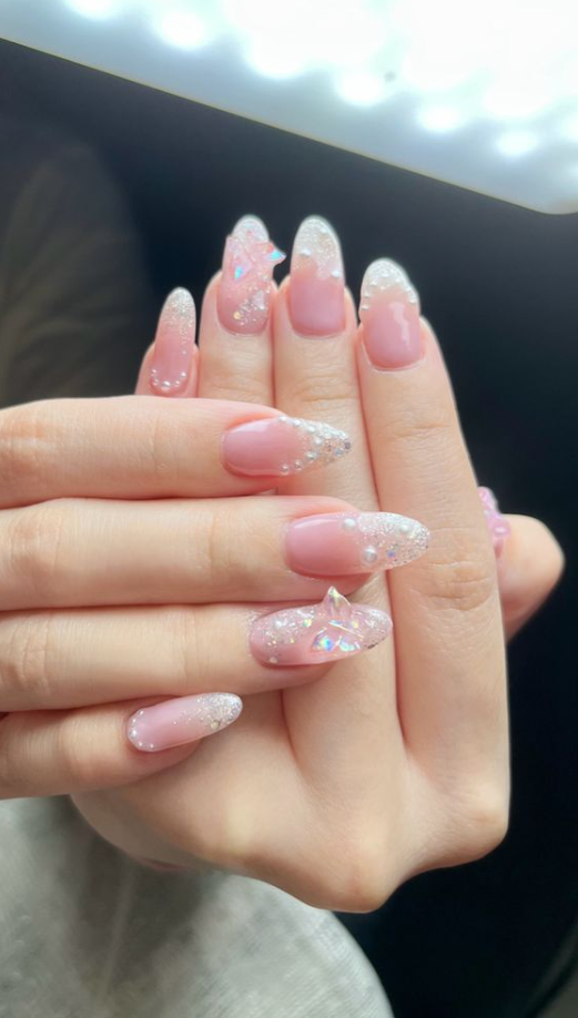 Nails With Gems   Cute Pink Pearl Nails With Shimmer