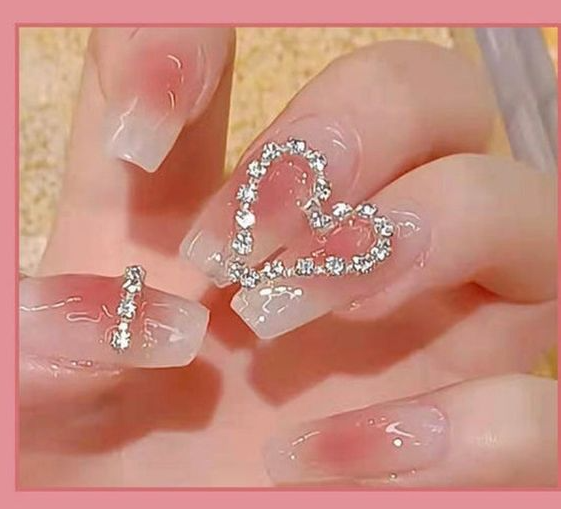 Nails With Gems - Heart Rhinestones Nude Press on Nails Coffin Long Fake Nails