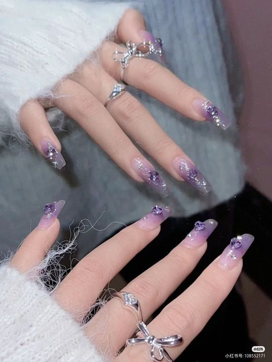 Nails With Gems - Purple jelly nails with gems