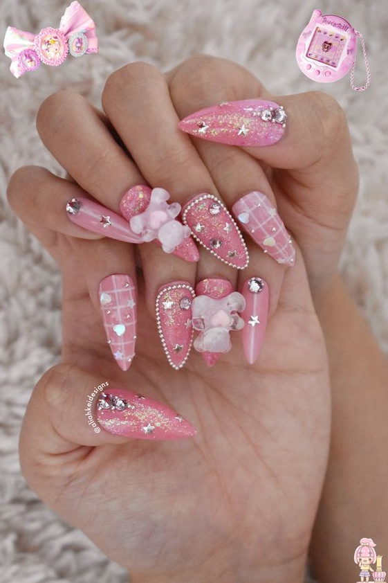 Pretty Nails Pink - Pink Purple Bear Press On Nails Kawaii Nails