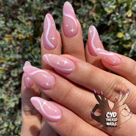 Pretty Nails Pink - Pink and white swirl almond