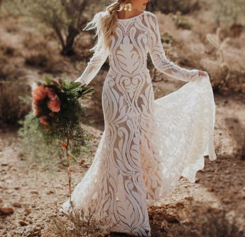 Ranch Wedding Dress   Elegant Boho Wedding Dresses,Long Sleeves Bridal Dresses,Beach Wedding Dresses