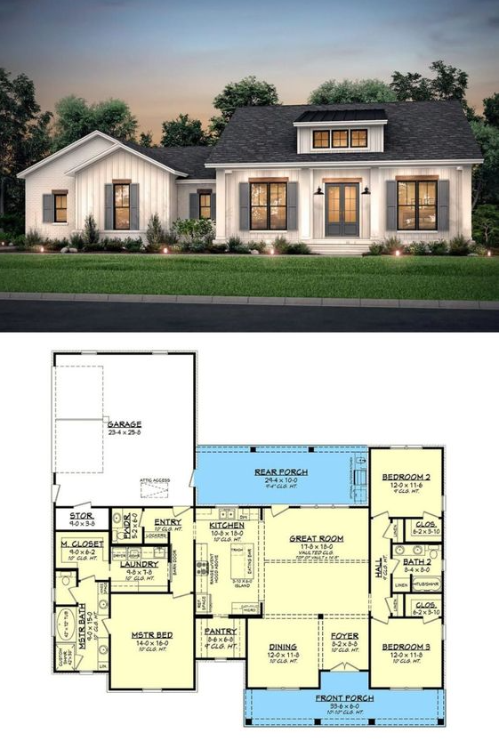 3 Bedroom Home Floor Plans One Level   Single Story 3 Bedroom Country Craftsman House Plan With Double