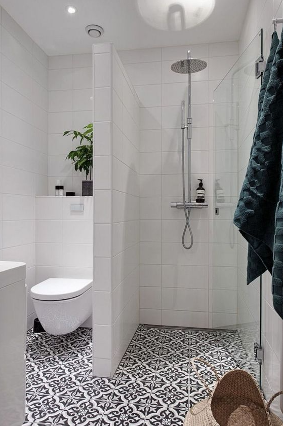 Bathroom Tile Floor   A Small Bathroom With A Shower Separate With White Long