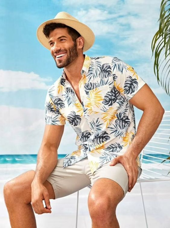 Casual Beach Outfit - Men Beach Shirt Men Hawaiian Shirt Men Tropical Print Curved