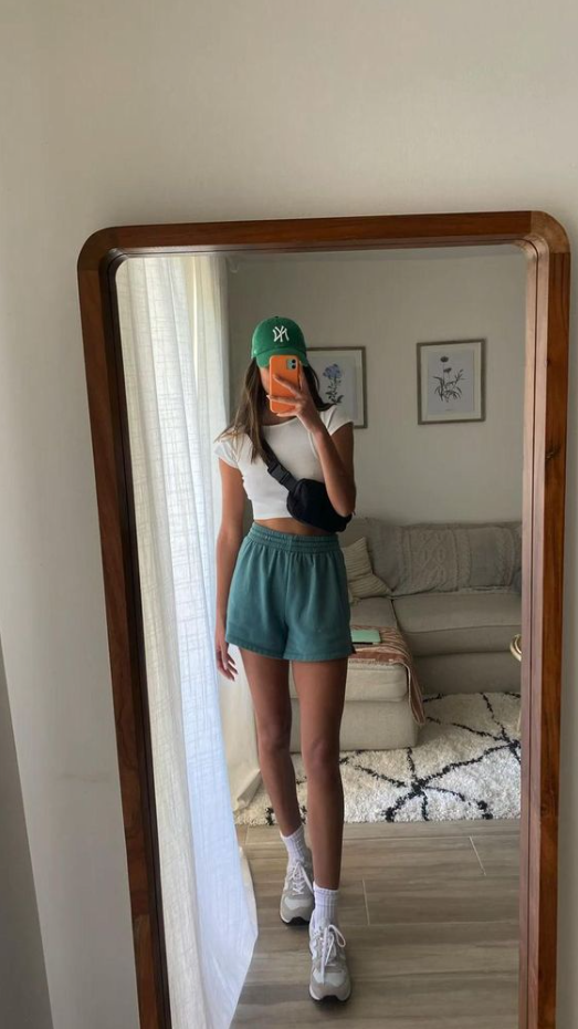 Everyday Outfits Spring   Sweat Shorts, Forest Green Shorts, Green Baseball