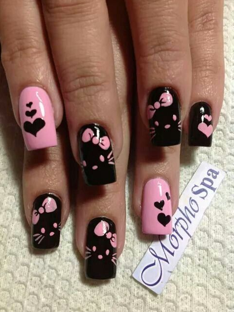 Nails Hello Kitty - nails, cute, hello kitty, black, pink, aesthetic