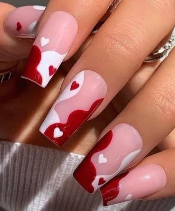 Nails Nail Art Designs - Red and White with Hearts Design Press On Nails Fake Nails
