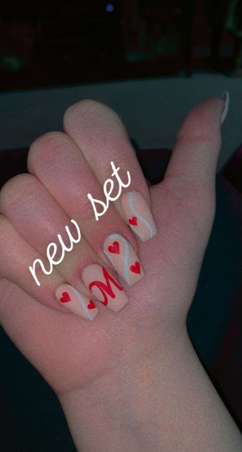 Nails With Initials Acrylic   Valentines Initial Nude White Beige Red Hearts