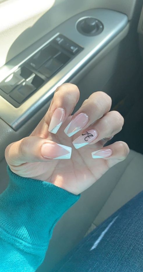 Nails With Initials Acrylic - White tip with initial