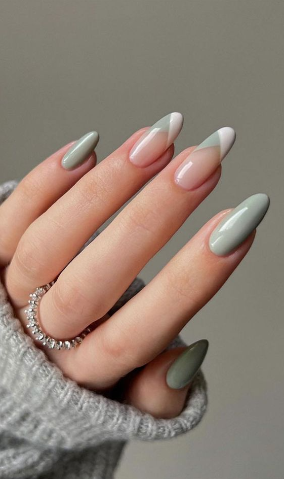 Spring Nail Ideas - Almond Nails For A Cute Spring Update Sage and White Chevrons