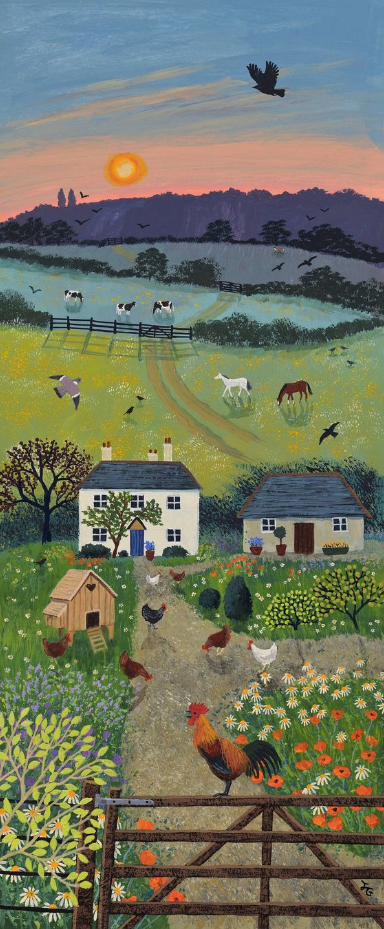 Best Cottage Painting Ideas - Print on paper of an early morning country scene with cottage