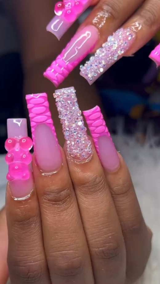 Baddie Bling Nails   Pink Croc Frenchies Acrylic Nail Design