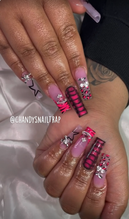 Baddie Bling Nails   Pink Grunge Vibes Hand Painted Nail Art And Some Nail