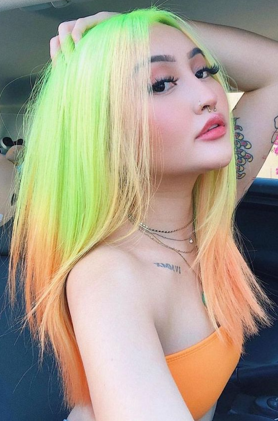 Gemini Hair   Gemini Hair Neon Green And Orange Dipped Ends