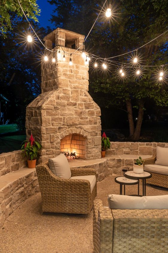 Home Outdoor   Outdoor Fireplace With Bench Seating