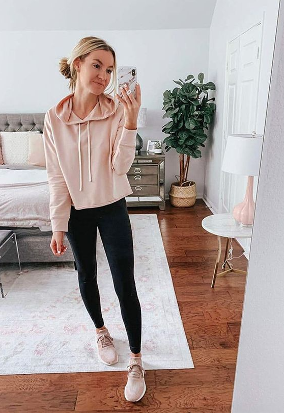 Outfit Board   Cute Workout Outfit With Black Leggings And A Loose Pink Hoodie