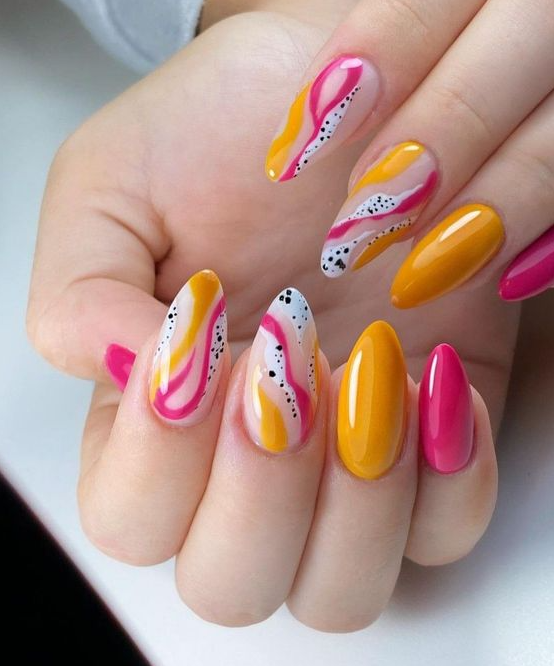 Pink Summer Nails   Summer Aesthetic Nails Designs 2023 Pink & Yellow Swirl Nail