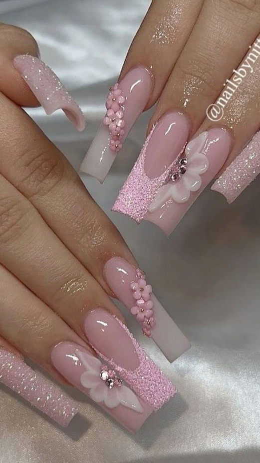 Short Quince Nails   Acrylic  Coffin Pink Pink Acrylic  Bling Acrylic