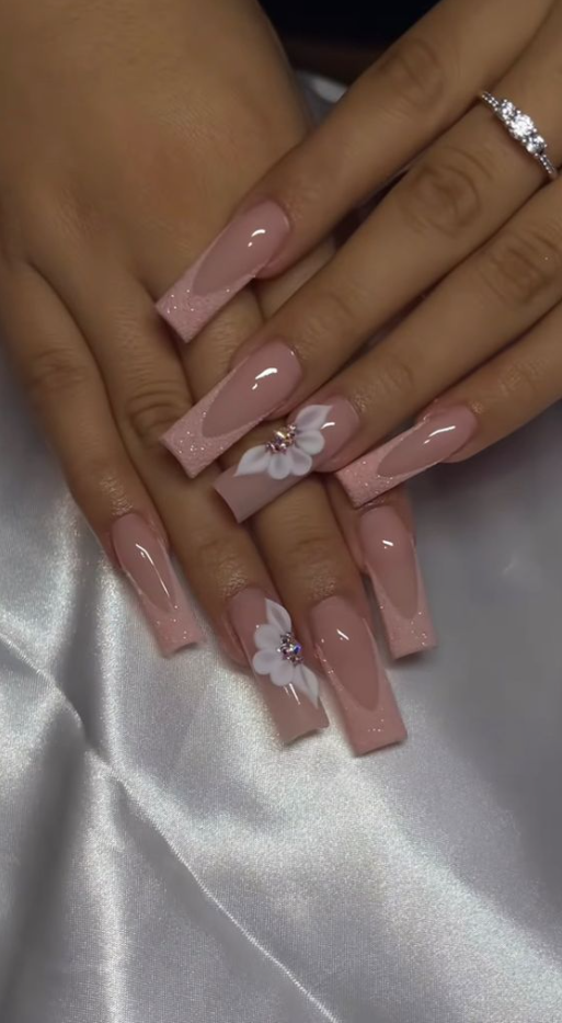 Short Quince    French Tip Acrylic  Acrylic  Coffin Pink Pink Acrylic