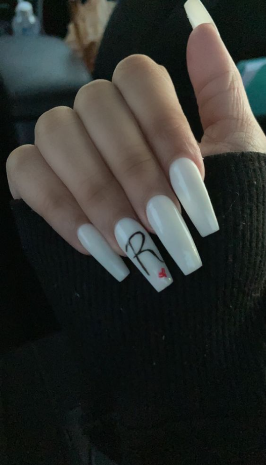 Nails With Initial   Soft White Powder With Initial And Heart