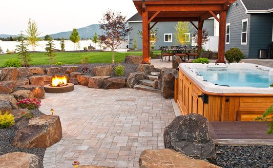 Patio With Hot Tub And Fire Pit   Patio Hot Tub Design And Installation In Spokane & Coeur