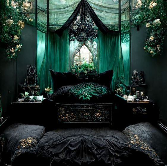 Whimsigothic Home Bedroom - Gothic fairycore bedroom covered in black lace, silk & emerald lotus's