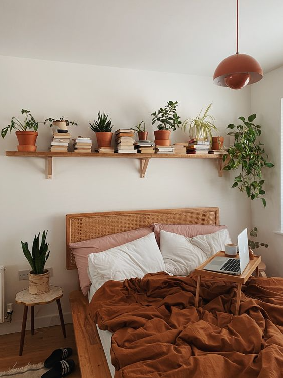 Bedroom With Desk   Neutral Bohemian Bedroom With Ochre Accents, Plants And