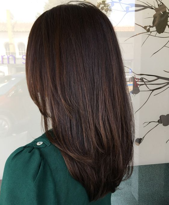 Hair Cuts Medium Length   Hairstyles Featuring Dark Brown Hair With Highlights For