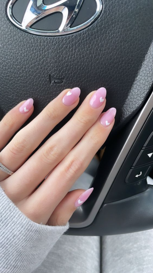 Nails Pink And White   Pink Heart Nails Manicure Rounded Tips White Heart Nail