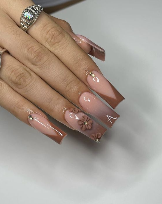 Nails With Initials   Brown Acrylic Nails Acrylic Nails Coffin Pink