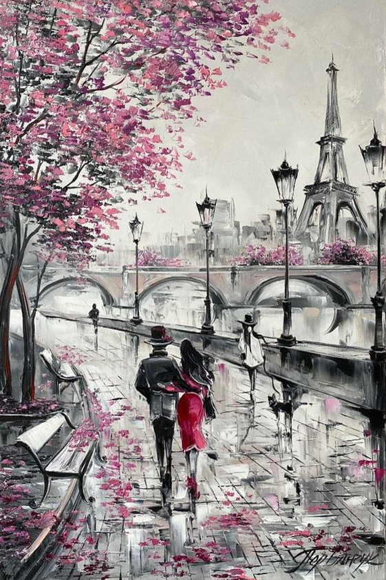 Black Gift   A Walk In Paris Street View Oil  Black And White Eiffel Tower Canvas 40x50 Wall Art Cityscape Art Pink & Grey Paris Love