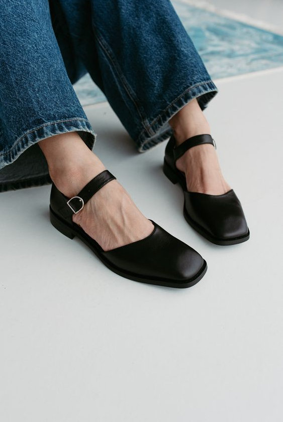 Black Gift   Black Mary Janes With Square Toe In Genuine Leather Women Shoes Low Block Heel Mary Jane With Ankle Strap Wide Ballet Flats Silver