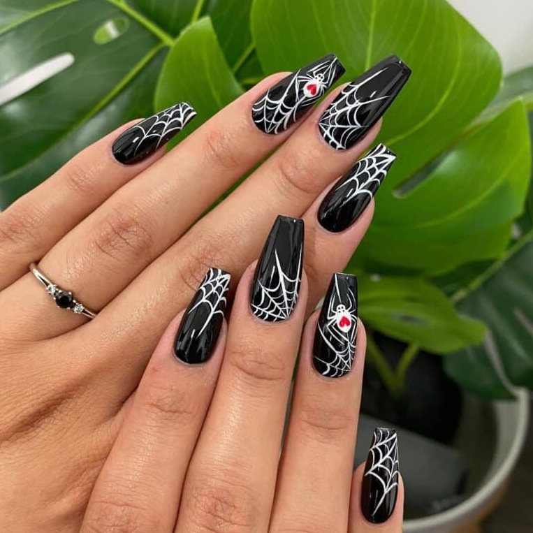 Black Nails With White Spider