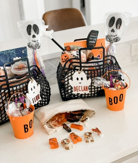 Basket Ideas   Halloween Basket Tags Spooky Bucket Name Tags Custom