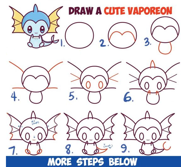 Drawing Step By Step   How To Draw Cute Kawaii Chibi Vaporeon From Pokemon Easy Step By Step Drawing Lesson For Beginners How To Draw Step By Step Drawing