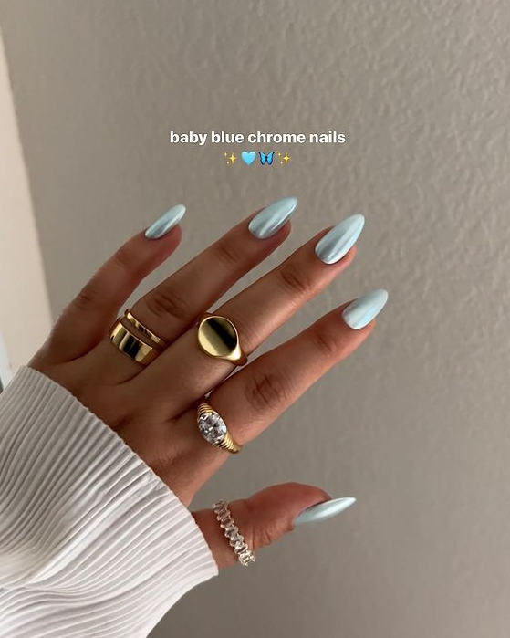 Fall Blue Nails - Baby blue chrome nails