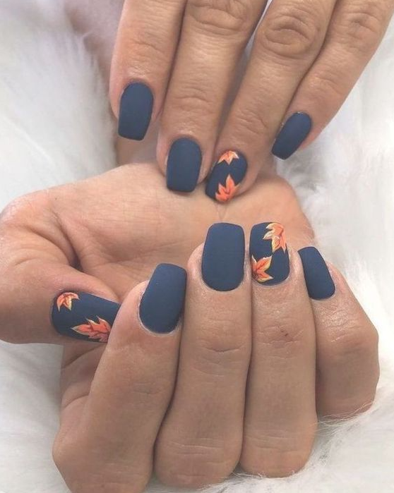 Fall Blue Nails - Dark blue matte nail polish orange leaves spring nail designs short nails white background