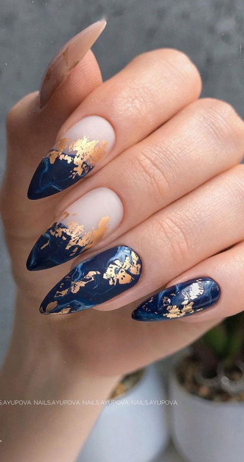 Fall Blue Nails - Pretty Nail Art Design Ideas To Jazz Up The Season Gold Foil On Dark Blue Nails