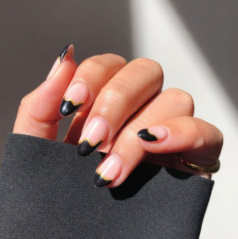 Fall French Tip Nails   Black On Gold Wavy Tips