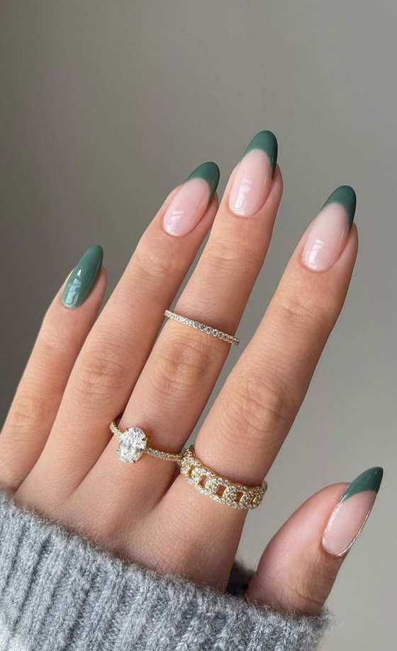 Fall French Tips   Autumn French Nails 2023 Dark Green French Tip Nails