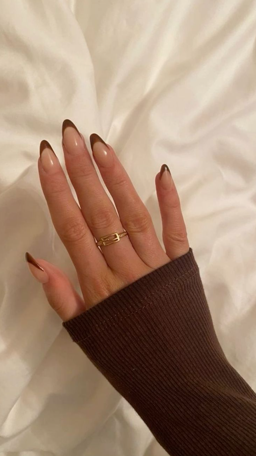 Fall French Tips   Brown  Gel  Beige  French  Oval  Nude