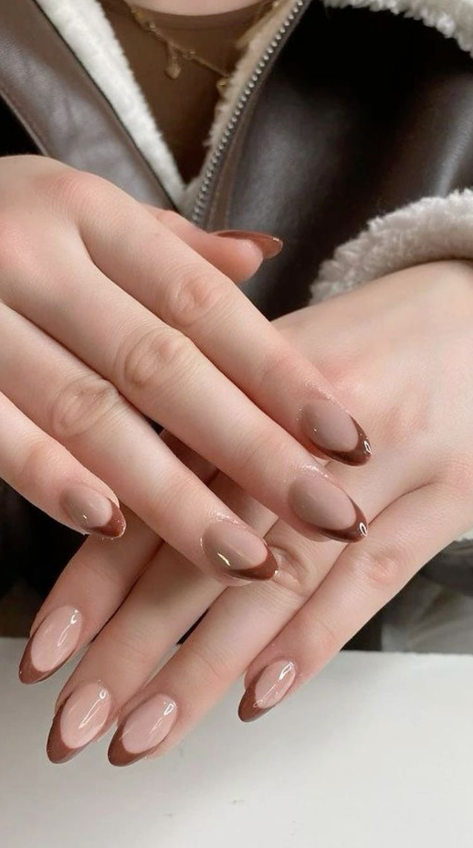 Fall French Tips   Brown  Gel  Beige  French  Oval