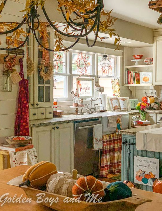 Fall Home Decor   Cottage Style Fall Decor In Farmhouse Kitchen With Farmhouse Sink And Painted Island