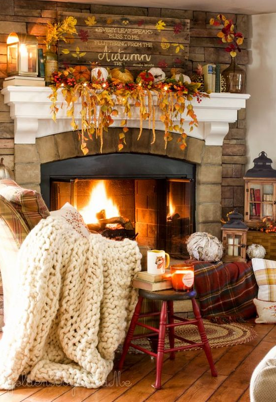 Fall Home Decor   Cozy Fall And Halloween Decor In A Family Room With Stone Fireplace And Farmhouse Style