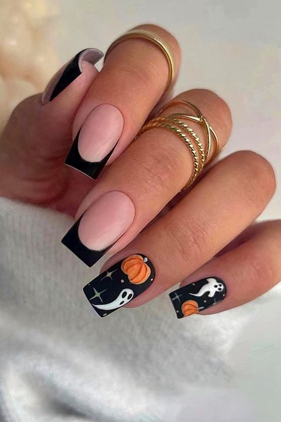 Fall Nails Square   Halloween Press On Nails Square Black French Tip Fake Nails Medium Full Cover False Nails With Ghost